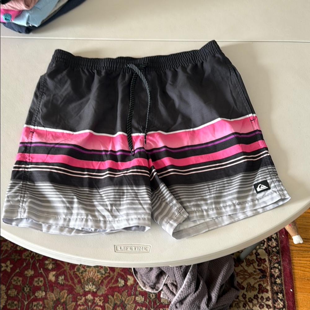 Quiksilver Black and Pink Striped Swim Shorts